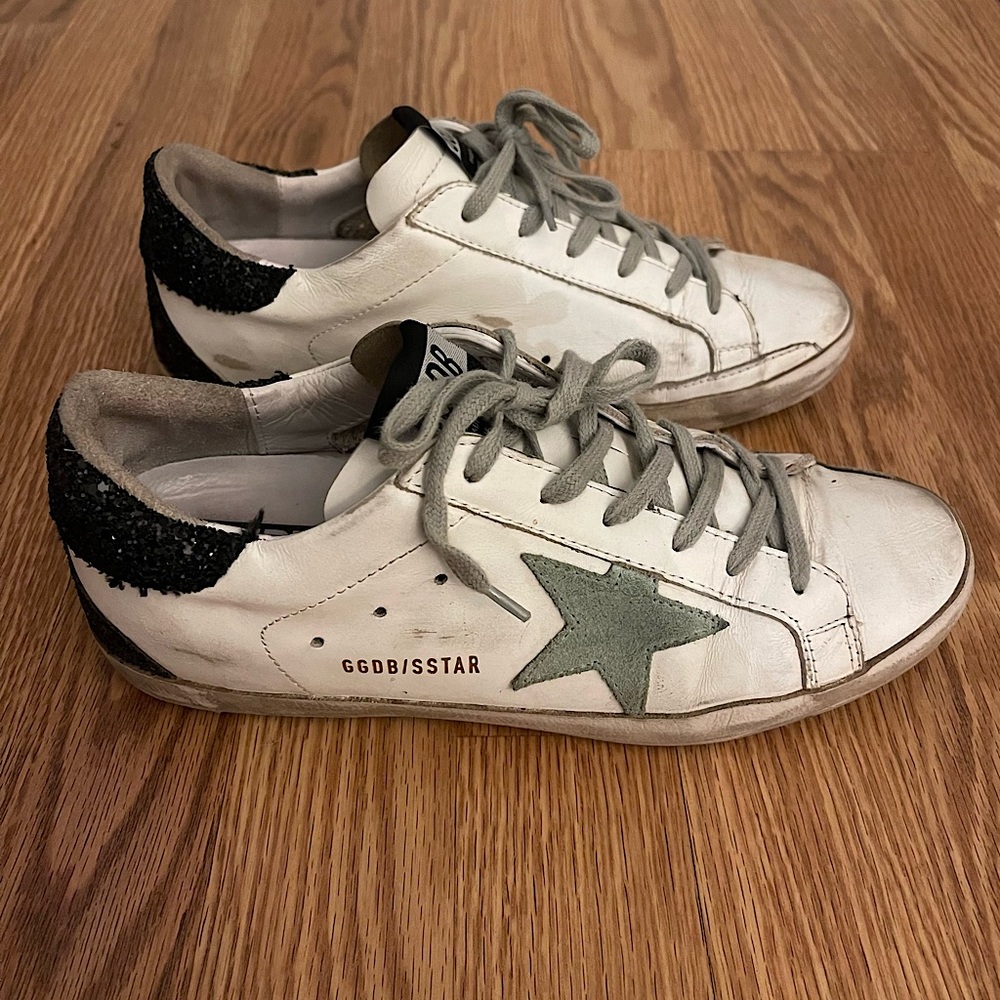 Golden Goose Super Star sneaker with mint star and black glitter.  Size 39.